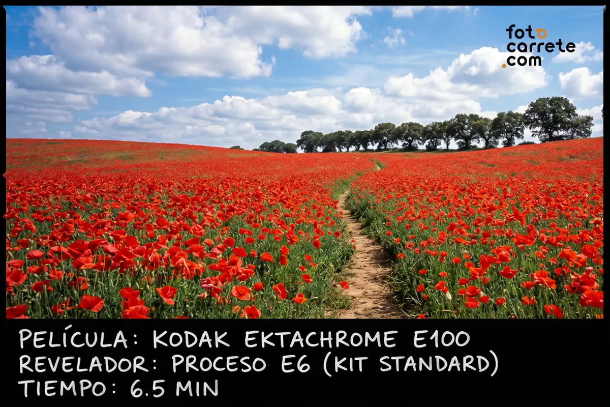 Paisaje de campo de amapolas revelado con Kodak Ektachrome E100