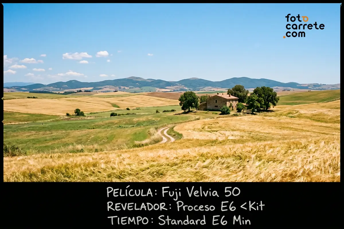 Paisaje de campos dorados revelado con Fuji Velvia 50
