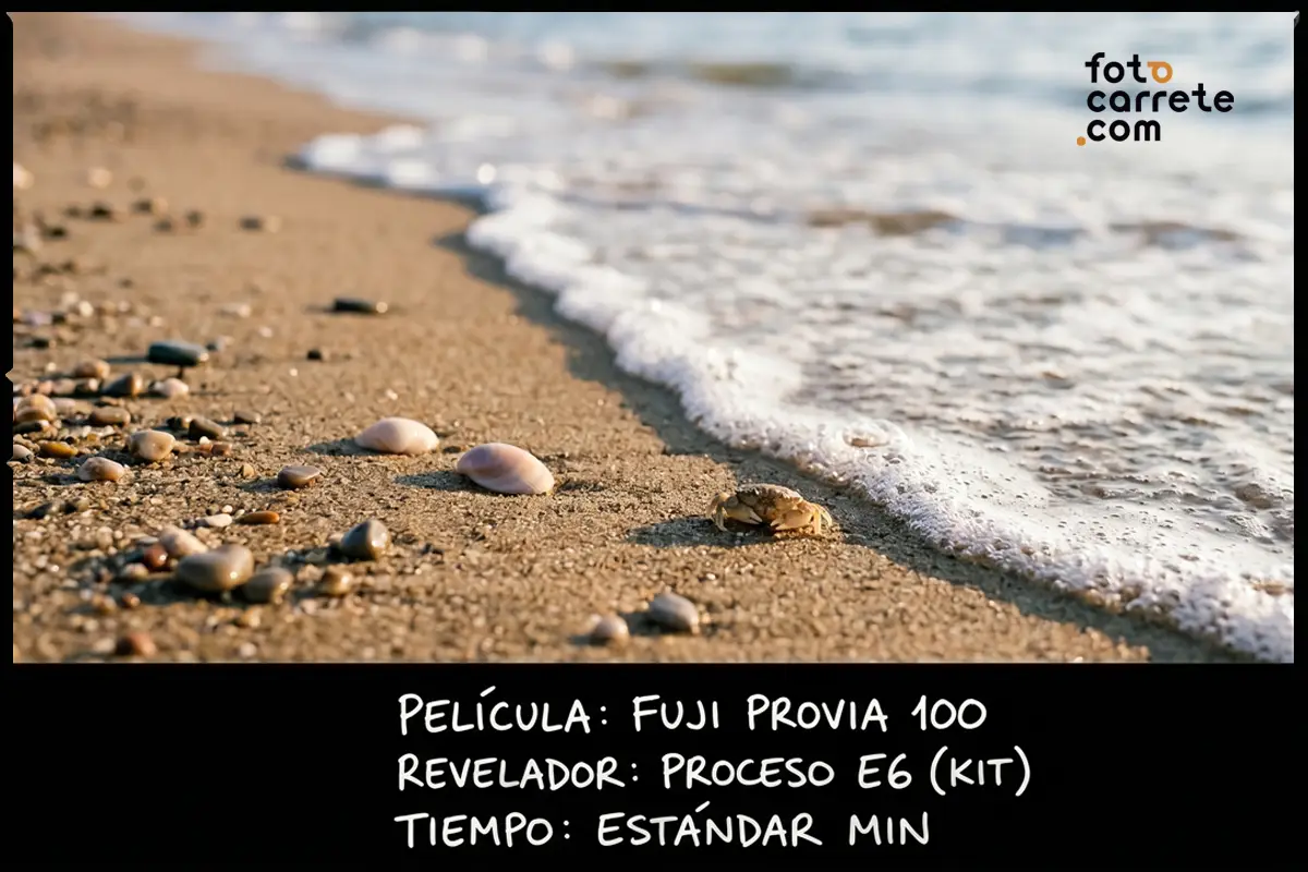 Detalle en la arena de playa con cangrejo revelado con Fuji Provia 100