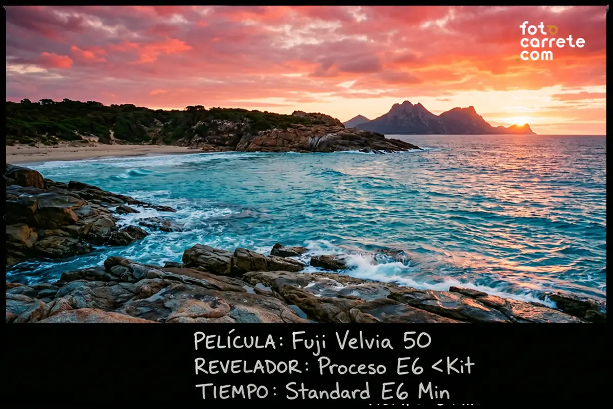 Paisaje costero al atardecer revelado con Fuji Velvia 50