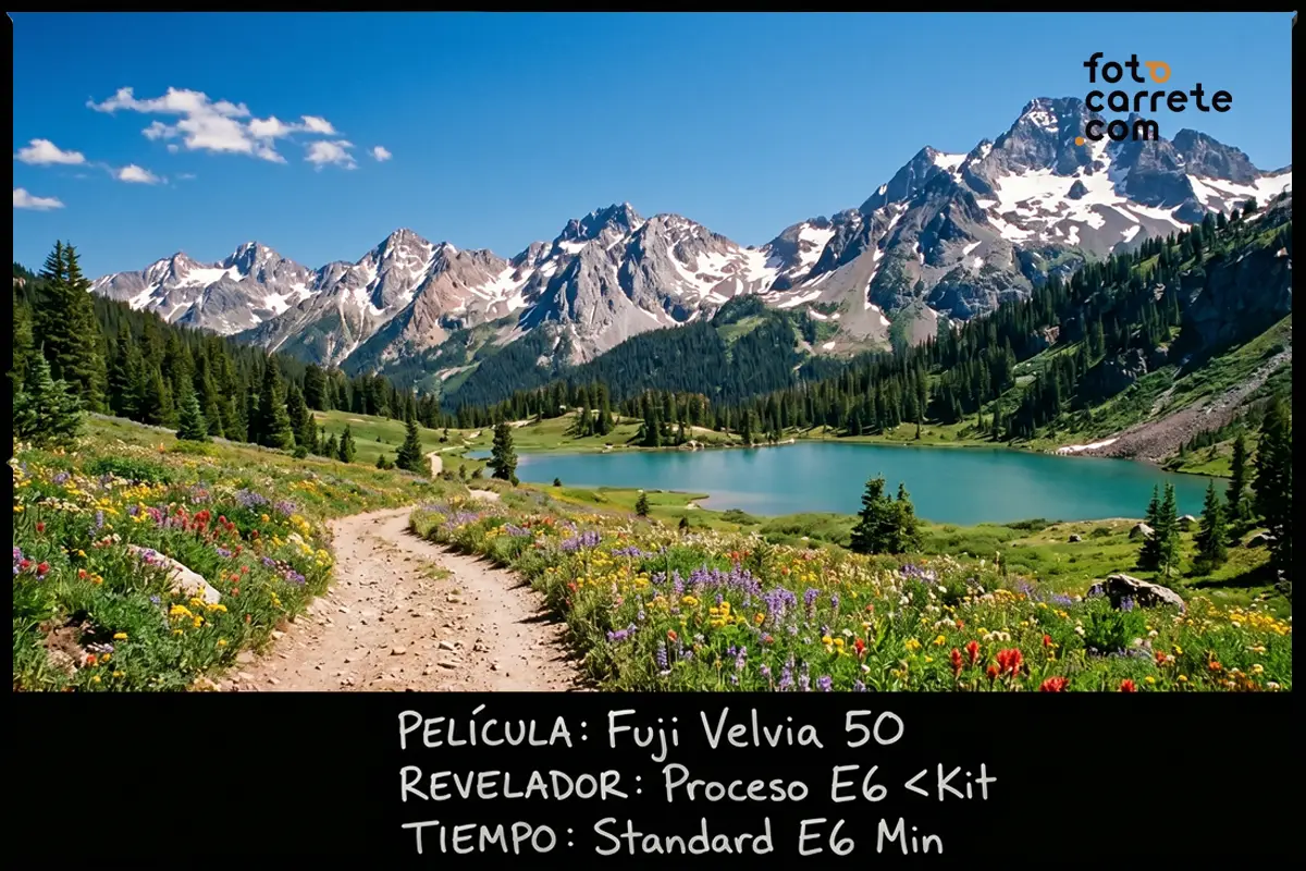Paisaje de montaña y lago revelado con Fuji Velvia 50