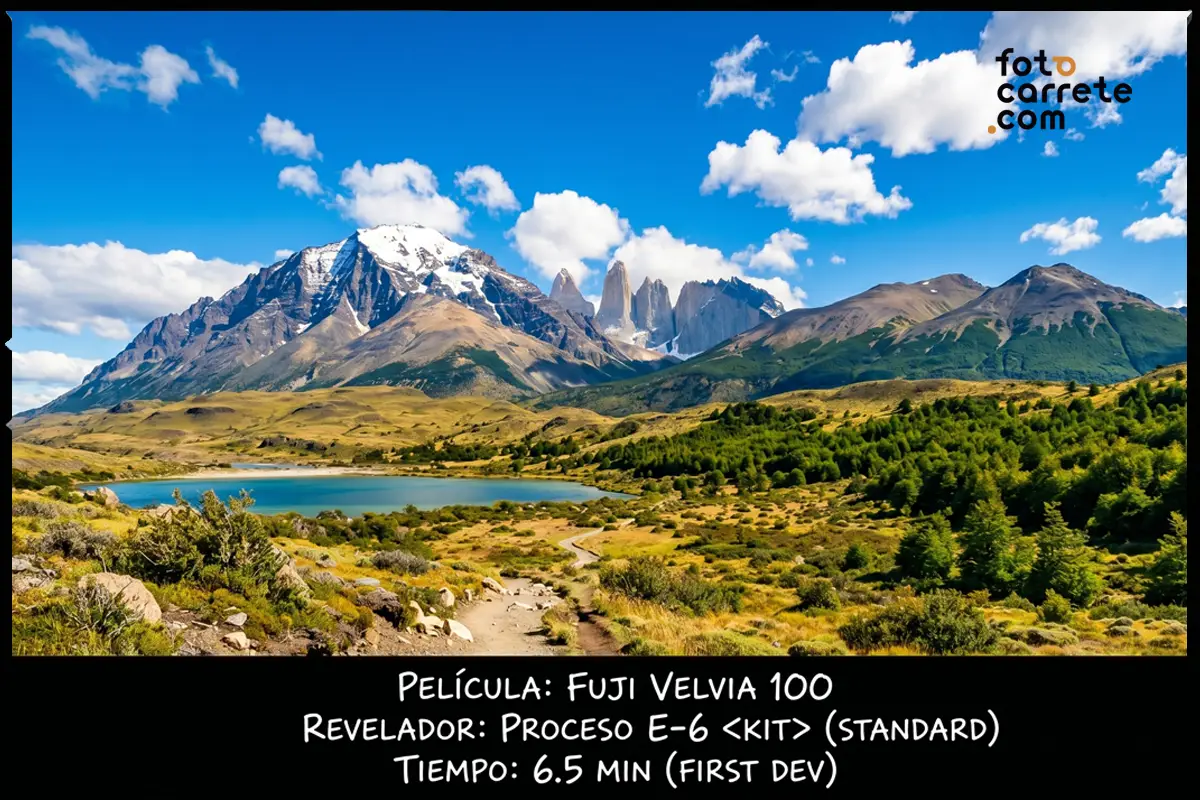 Paisaje de montaña y lago revelado con Fuji Velvia 100