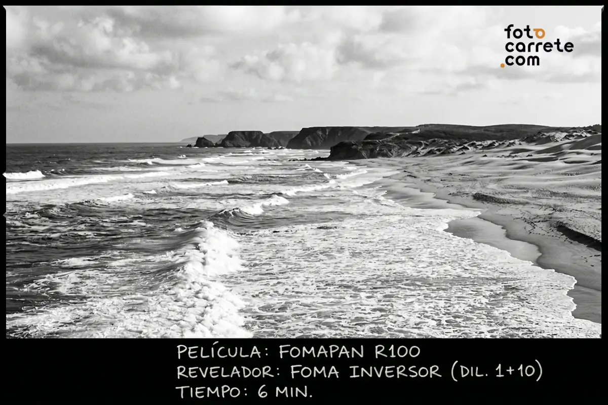 Paisaje de playa en blanco y negro revelado con Fomapan R100
