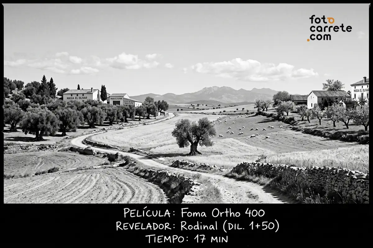 Paisaje rural en blanco y negro revelado con Foma Ortho 400