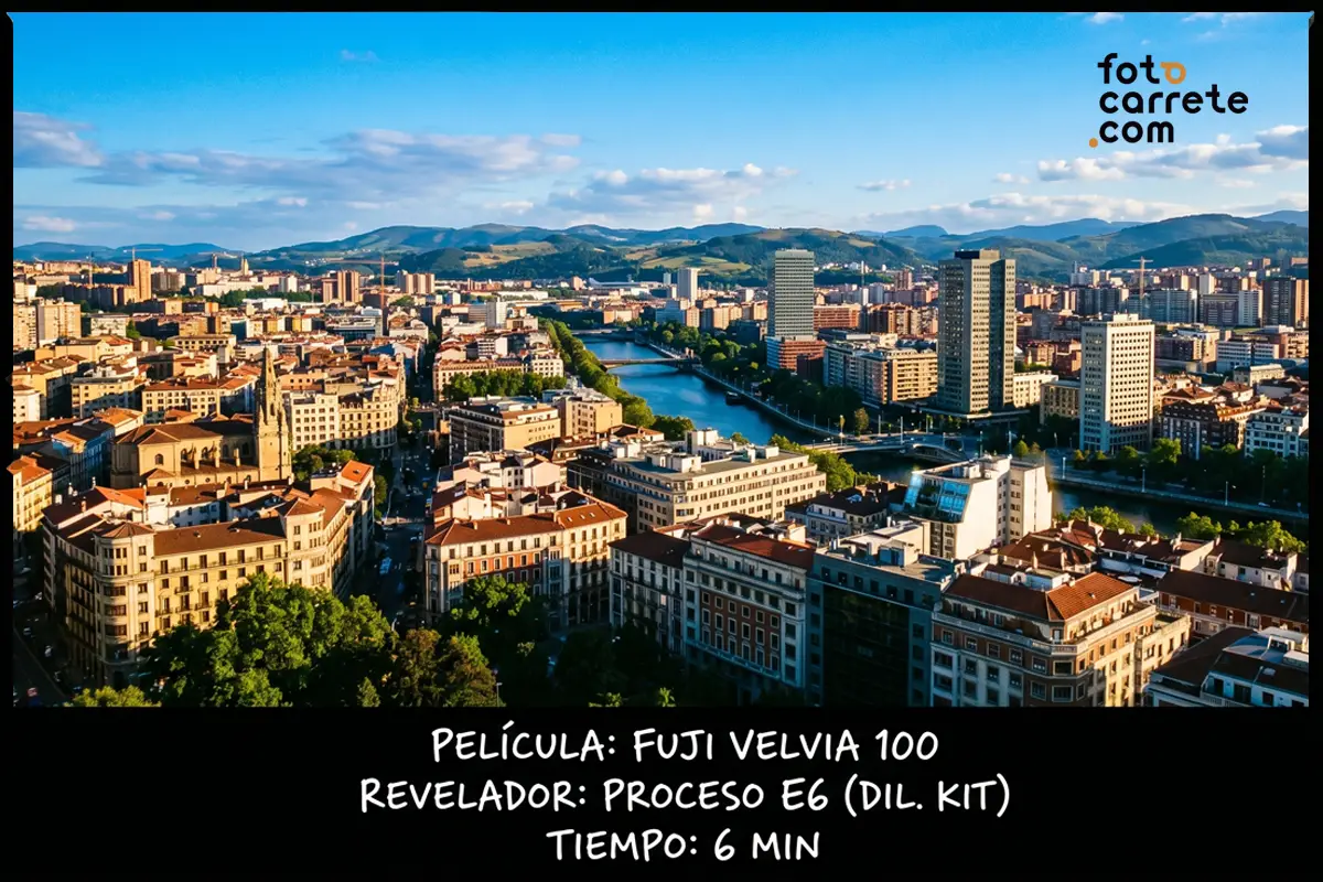 Paisaje urbano con río revelado con Fuji Velvia 100