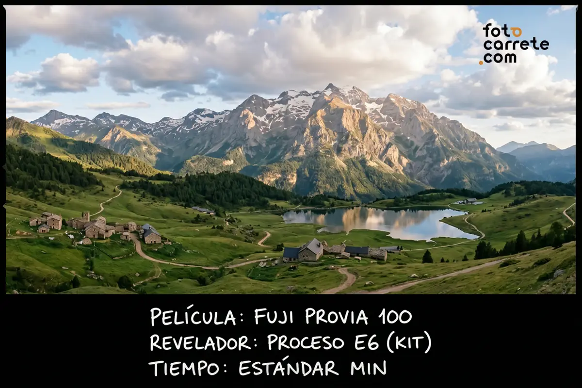 Paisaje de valle y montaña revelado con Fuji Provia 100