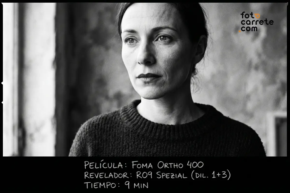 Retrato interior en blanco y negro revelado con Foma Ortho 400