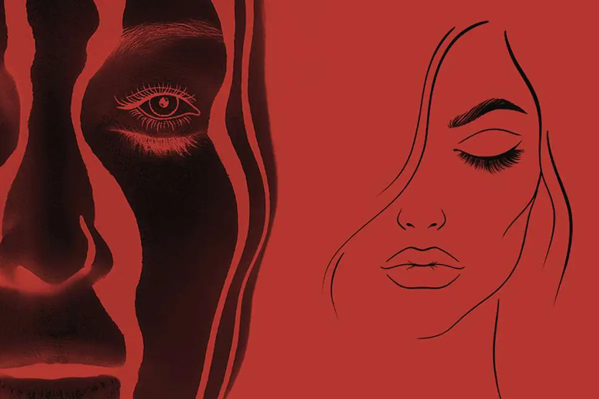 Composición de rostros en fotografía e ilustración sobre papel Fomapastel red.