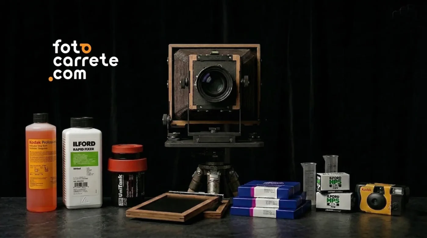 Cámara analógica de gran formato, químicos de revelado Ilford y Kodak, película fotográfica y accesorios sobre un fondo negro oscuro.