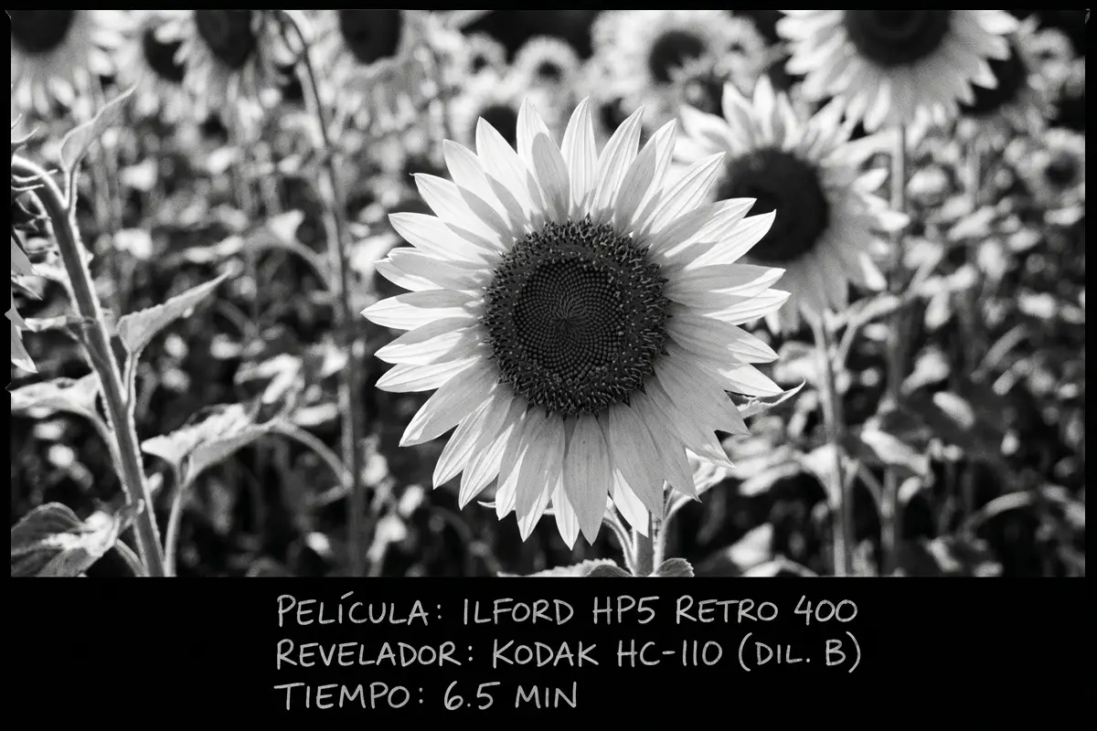 Primer plano de un girasol en un campo en blanco y negro, fotografía con Ilford HP5 Retro 400.