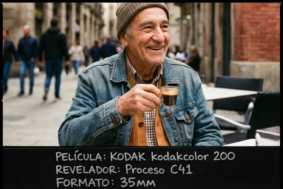 Hombre mayor sonriente tomando un café en una terraza, fotografía a color con Kodak Kodacolor 200.