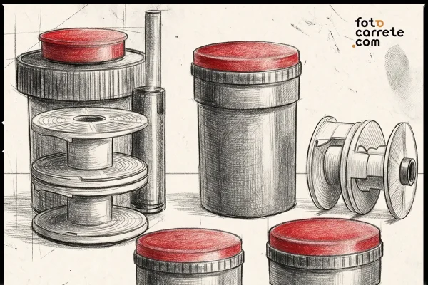 Dibujo de tanques de revelado y espirales para película fotográfica