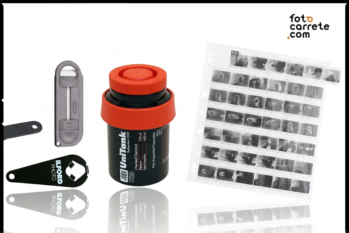 Accesorios de revelado Jobo e Ilford con hoja de negativos