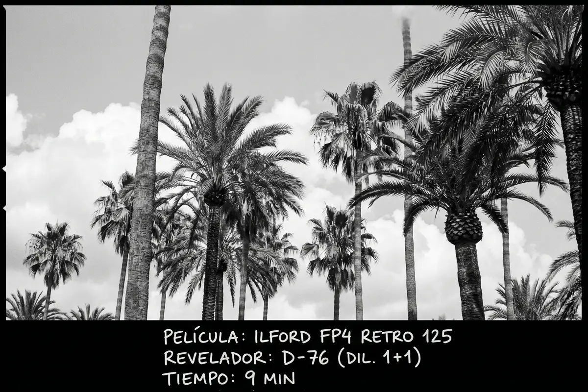 Palmeras contra un cielo nublado en blanco y negro con Ilford FP4 Retro 125.