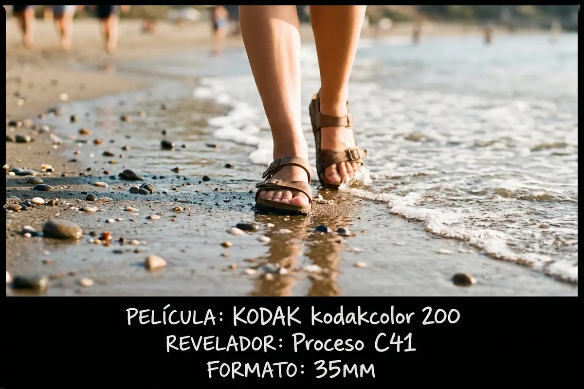 Pies de una persona con sandalias caminando por la orilla de la playa, fotografiado con Kodak Kodacolor 200.