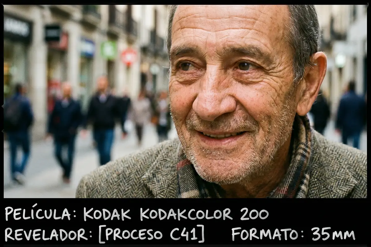 Retrato en primer plano de un hombre mayor sonriendo en una calle concurrida, Kodak Kodacolor 200.