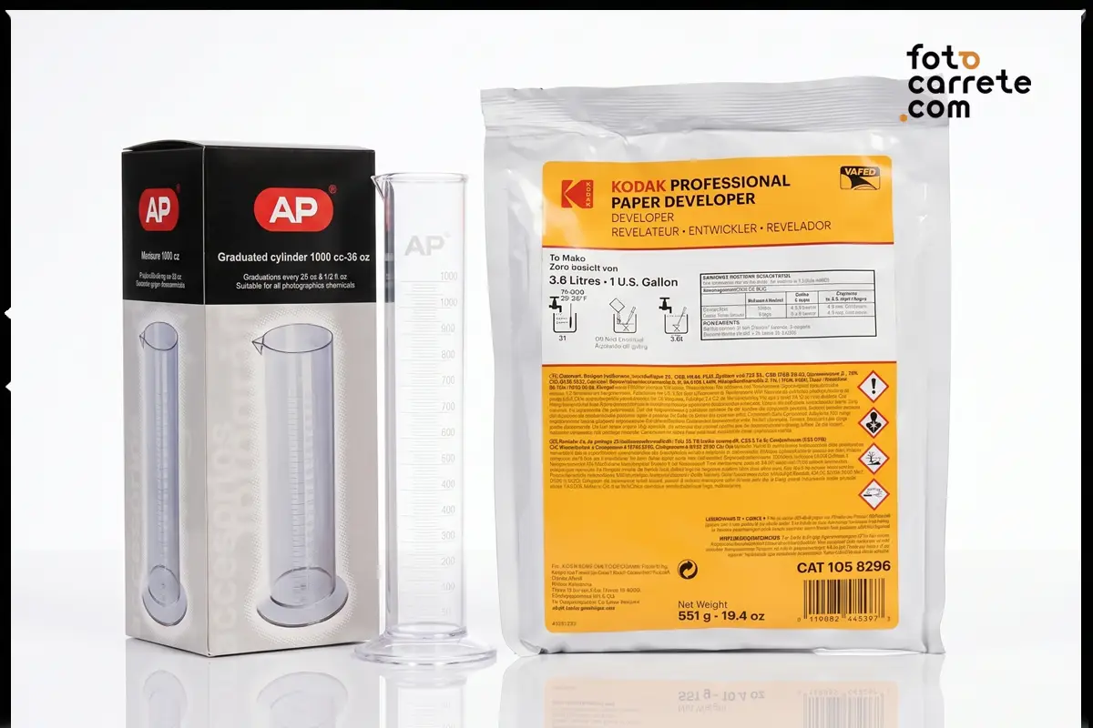 Probeta graduada AP de 1000cc y revelador de papel Kodak