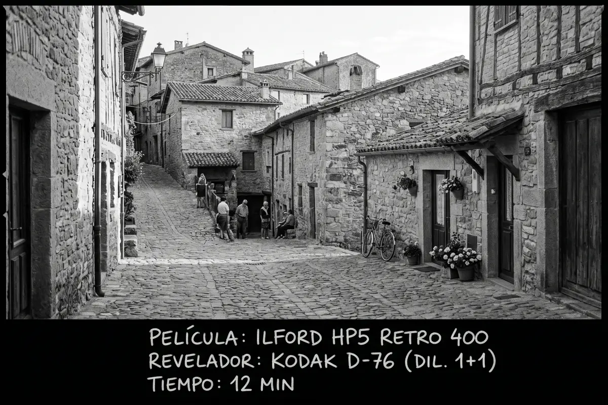 Calle de un pueblo con casas de piedra, personas y bicicletas en blanco y negro, Ilford HP5 Retro 400.