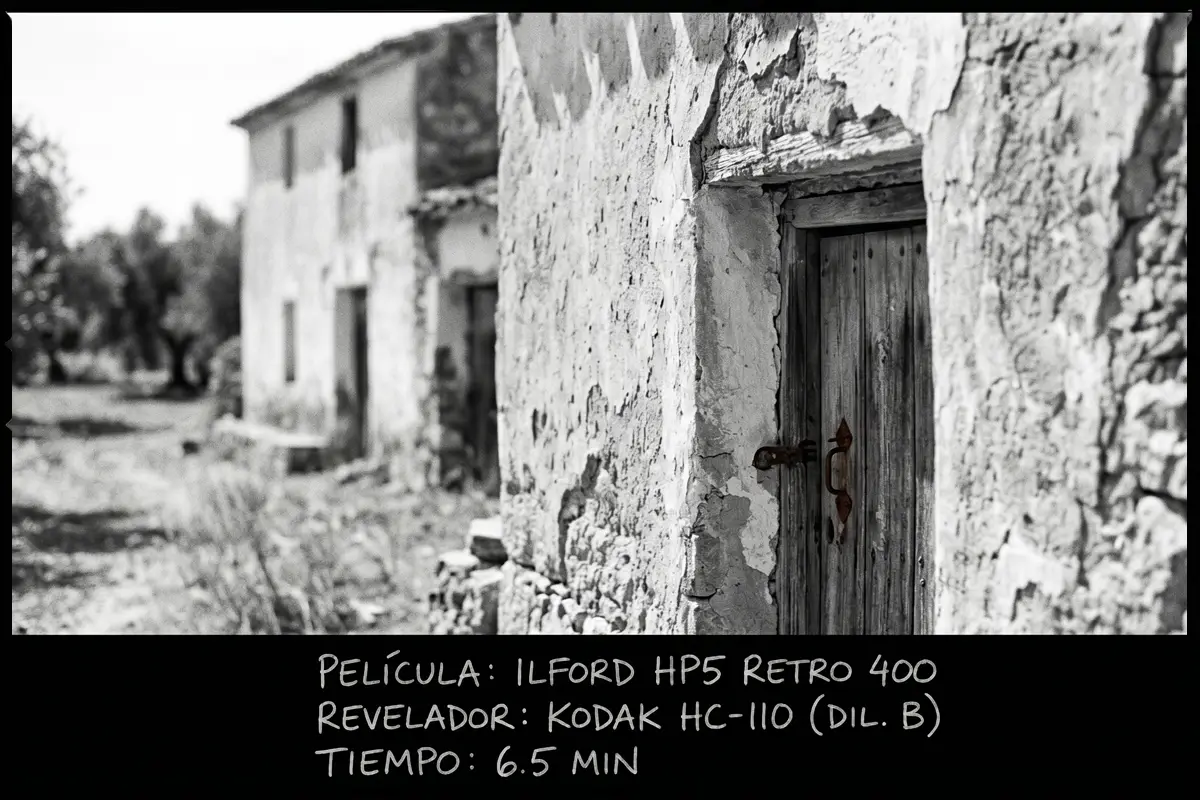 Escena costumbrista en un entorno rural de arquitectura histórica. Fotografiada en película analógica Ilford HP5 Retro 400 y revelada con Kodak D-76 durante 12 minutos.