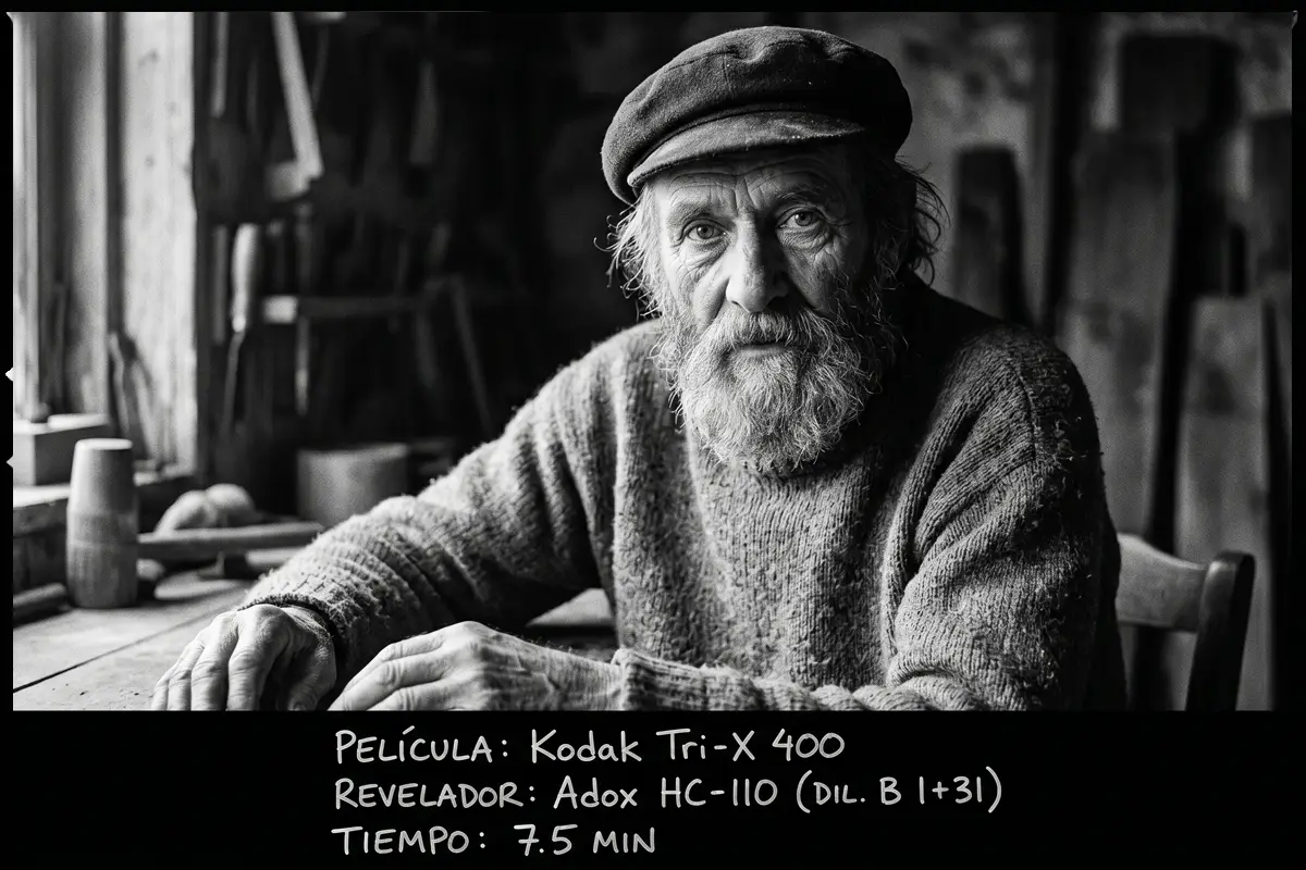 Retrato de un artesano en su taller en blanco y negro con Kodak Tri-X 400.