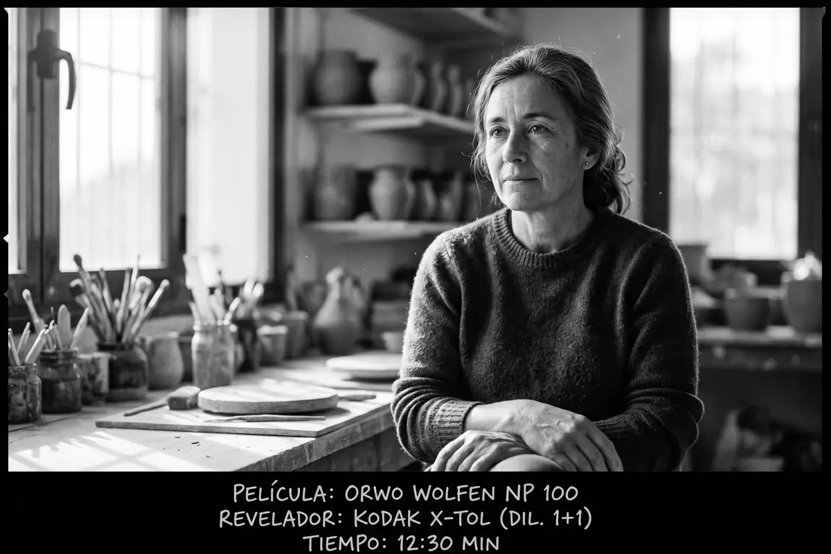 Retrato en blanco y negro de una mujer ceramista en su estudio con ORWO Wolfen NP 100.