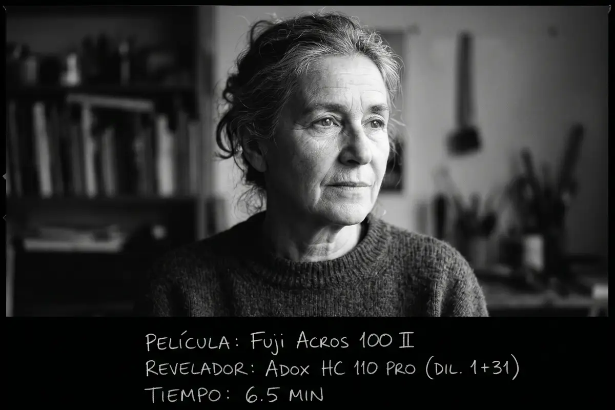 Retrato en blanco y negro de mujer revelado con película Fuji Acros 100 II y Adox HC 110 Pro.