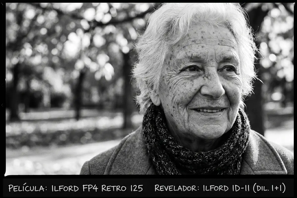 Retrato de mujer sonriente al aire libre en blanco y negro, película Ilford FP4 Retro 125.
