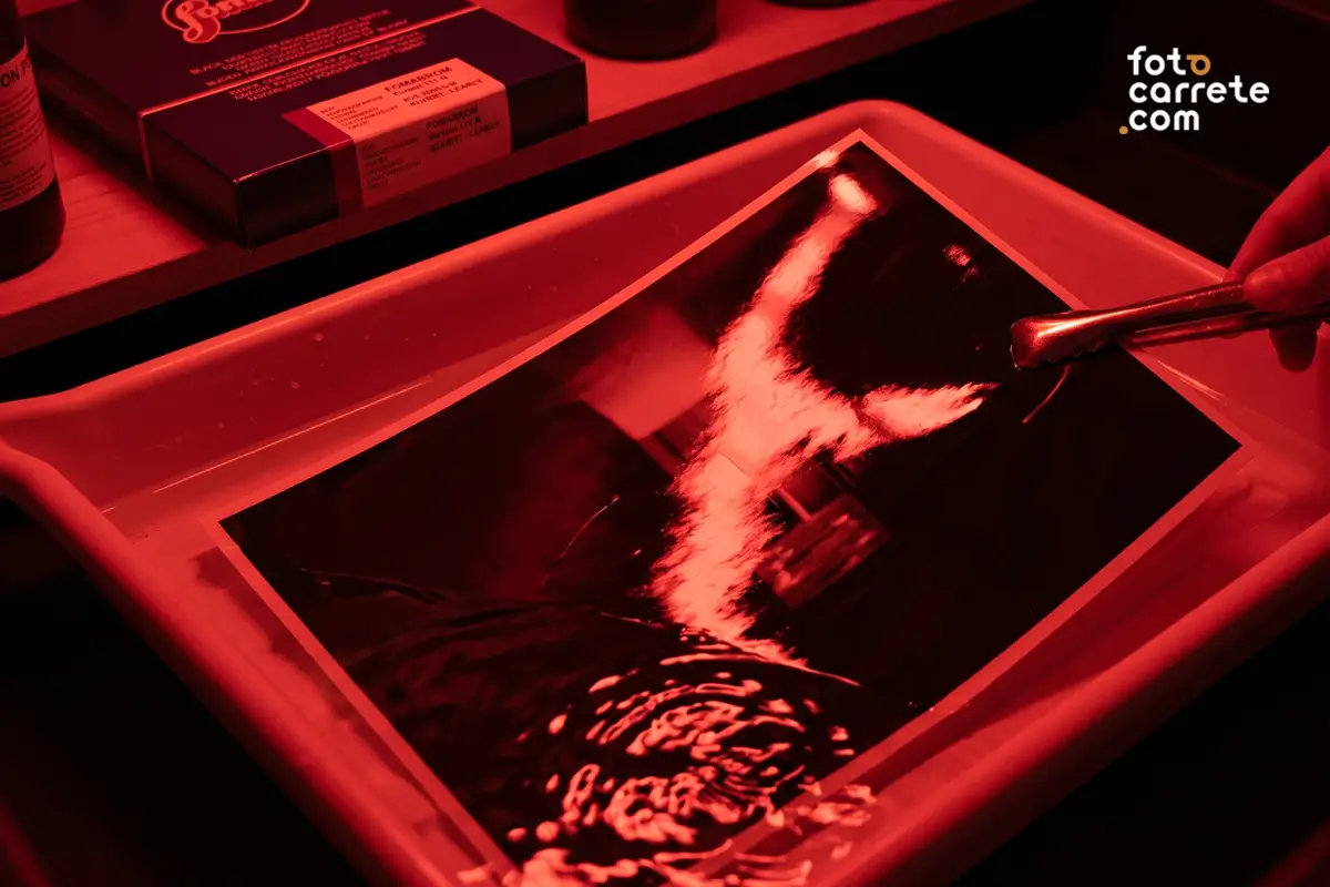 Proceso de revelado de fotografía en papel Fomabrom bajo luz roja de cuarto oscuro.