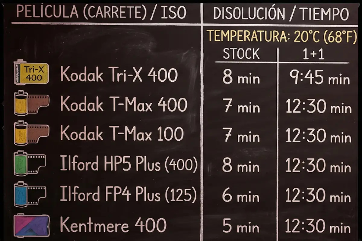 Tabla de tiempos de revelado para películas Kodak, Ilford y Kentmere a 20 grados