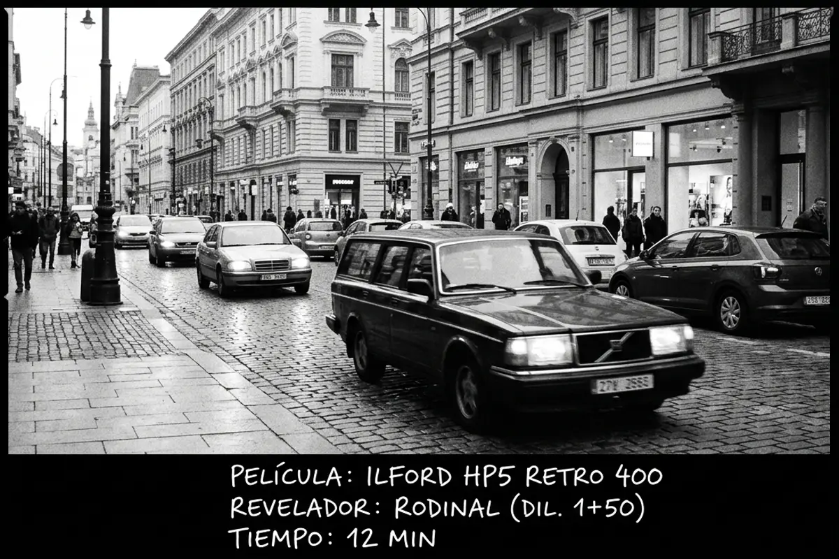 Tráfico de coches en una calle de la ciudad en blanco y negro con Ilford HP5 Retro 400.