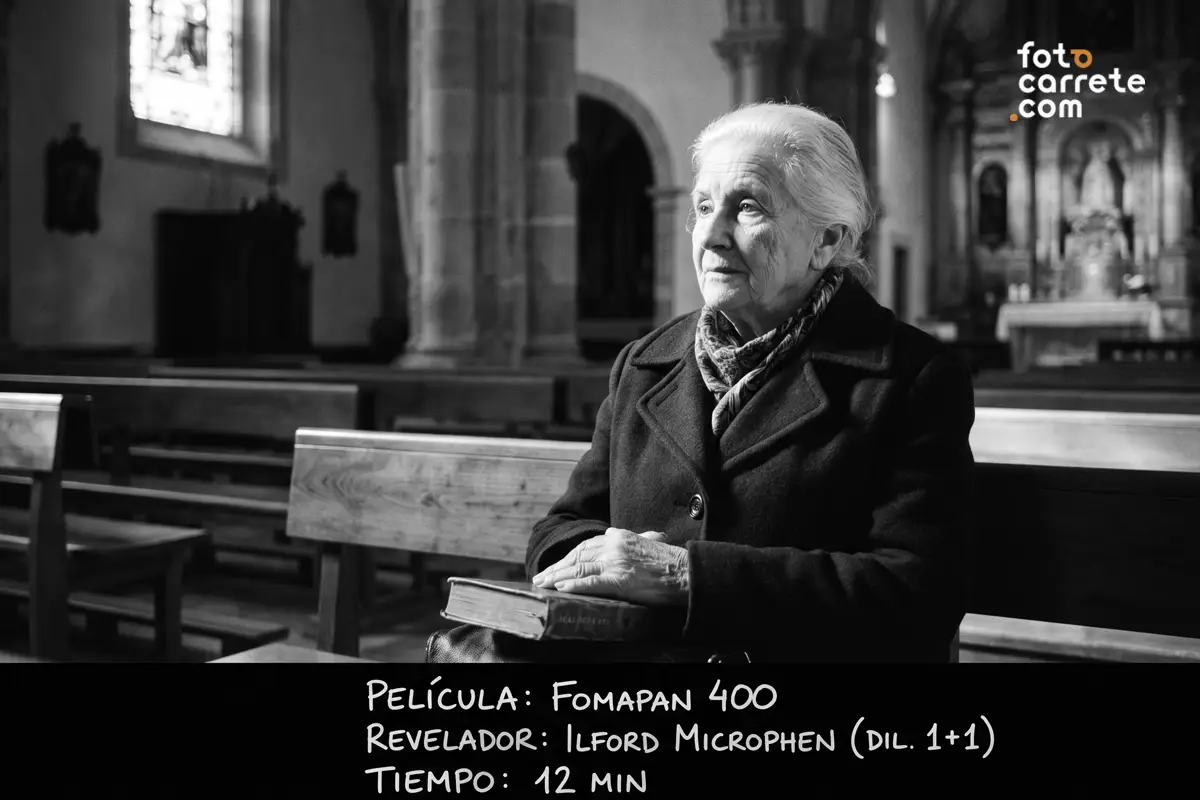 Retrato analógico de mujer mayor en iglesia tomado con Fomapan 400 y revelador Ilford Microphen