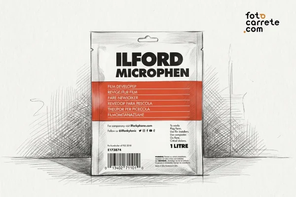 Ilustración a lápiz detallada del envase de revelador fotográfico Ilford Microphen