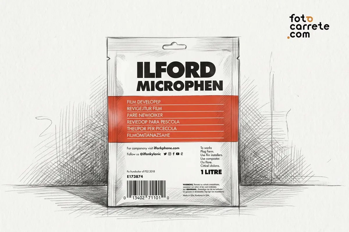 Ilustración a lápiz detallada del envase de revelador fotográfico Ilford Microphen
