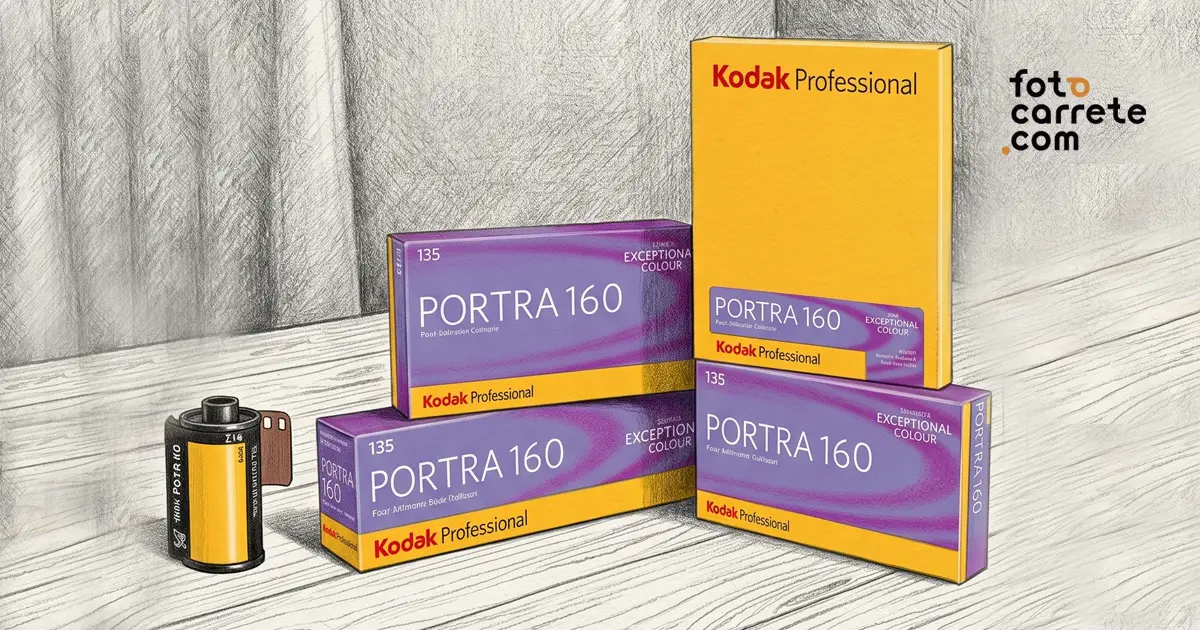 Ilustración artística estilo boceto a lápiz que muestra carretes y cajas de película analógica Kodak Professional Portra 160 a color sobre una mesa dibujada en grafito, ideal para retratos de estudio y exterior.