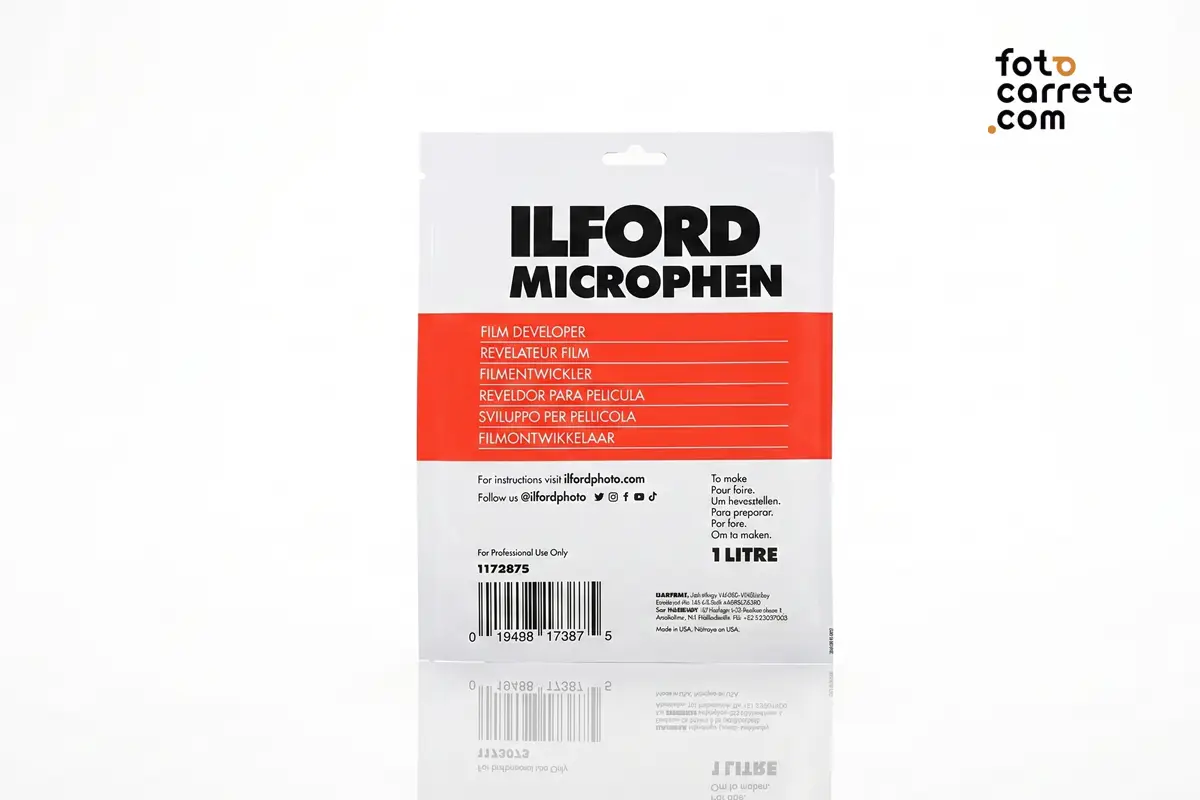 Sobre frontal del revelador en polvo Ilford Microphen de 1 litro para película blanco y negro